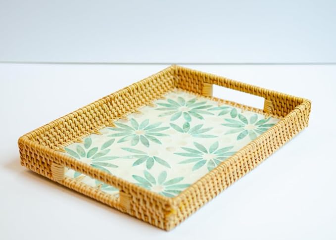 Magenta & Teal Decorative Rectangle Rattan Serving Tray 13x9 inch Mother of Pearl Inlay, Wicker Coffee Table Decor, Farmhouse (Green Flower)