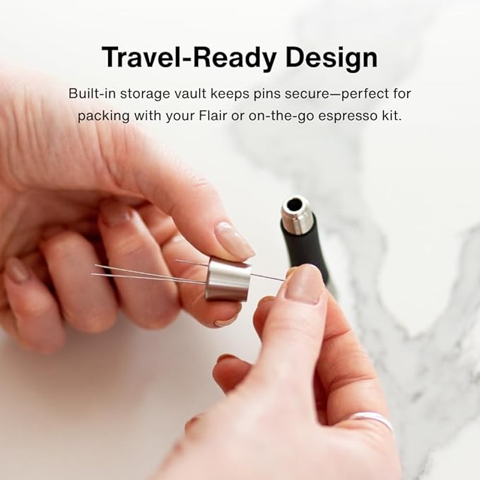 CREMA Coffee Products Weiss Distribution Technique (WDT) Tool | Even Coffee Ground Distribution for Better Extraction | Stainless Steel with Silicone Grip | Includes 6 Pins & Storage Vault | Black