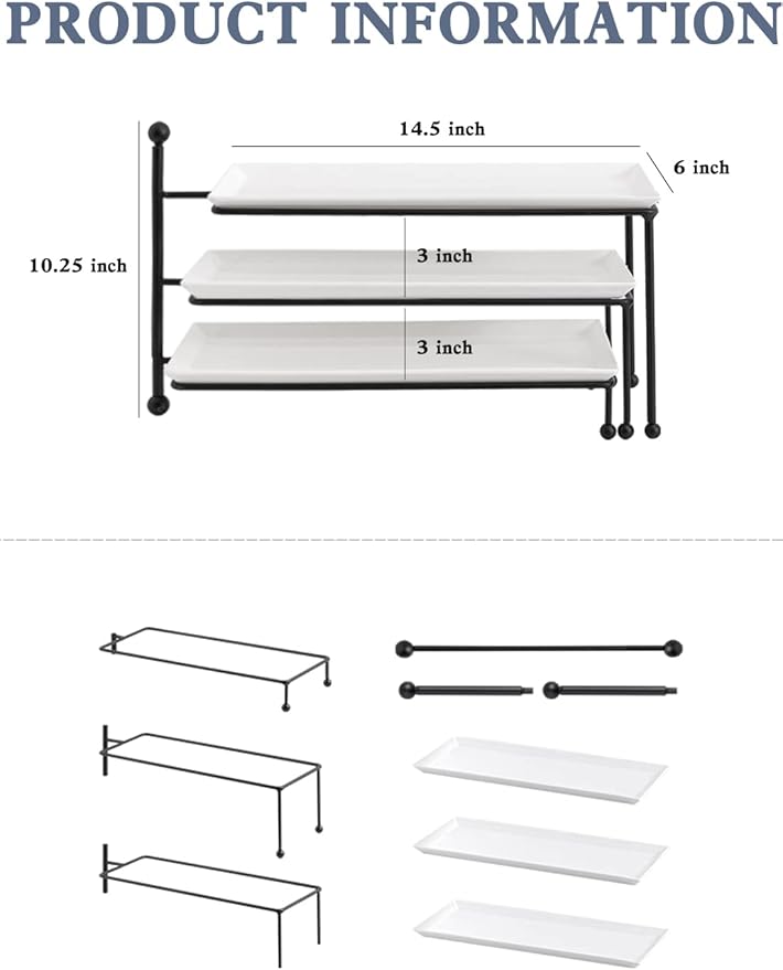 Kanwone 3 Tiered Serving Stand - White Porcelain Platters, 14.5" x 6" Tier Serving Trays for Entertaining, Dessert Stand