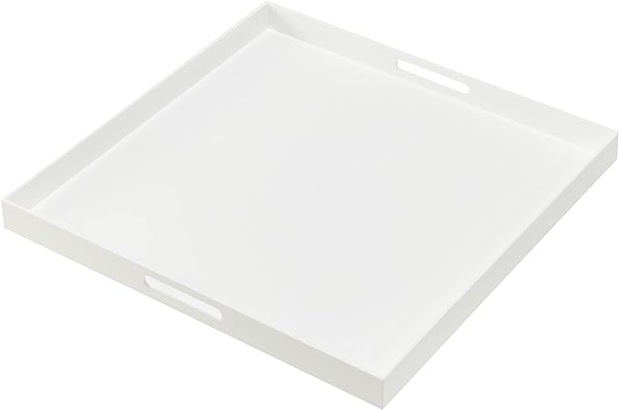 Oversize Extra Large King Size Bed Tray for eating Big Glossy White Acrylic Serving Tray with Handles 24x24 Inch -Spill Proof- Decorative Countertop Organizer for Ottoman,Bed,Party, Butler Tray