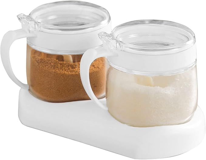 NAN Wind Glass Seasoning Box Set,12oz/350 ml Condiment Set With Lids and Spoon,Clear Glass Condiment Canisters,2Pack Scondiment Jar Set for Sugar Pepper for Kitchen Counter(White)