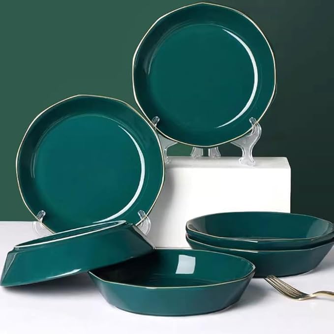 SONGCHAO Party Supplies Nordic Light Luxury Ceramic Plate Dish Plate Home Tableware Set Dark Green Gold Edge Plate Creative Dessert Plate Party Plates (Color : 8inch, Size : 6pcs)