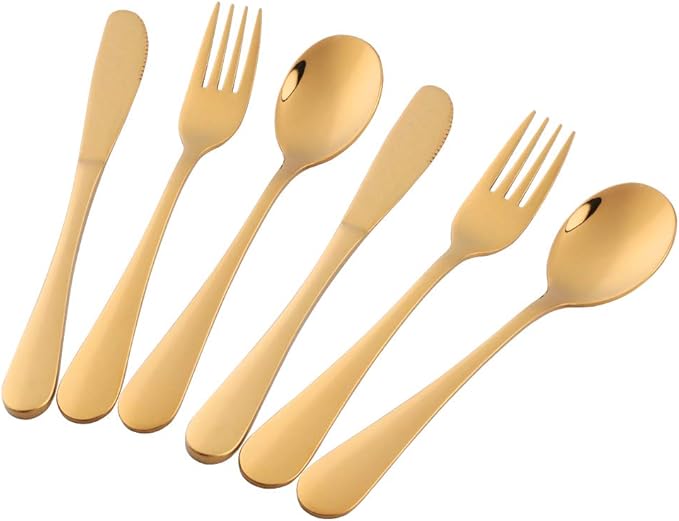Flatware Silverware sets, 6pcs 18/8 Stainless Steel Student Cutlery Serving for 2, BPA-free Self-feeding Safe Kitchen Utensils, Mirror Polished (Gold)