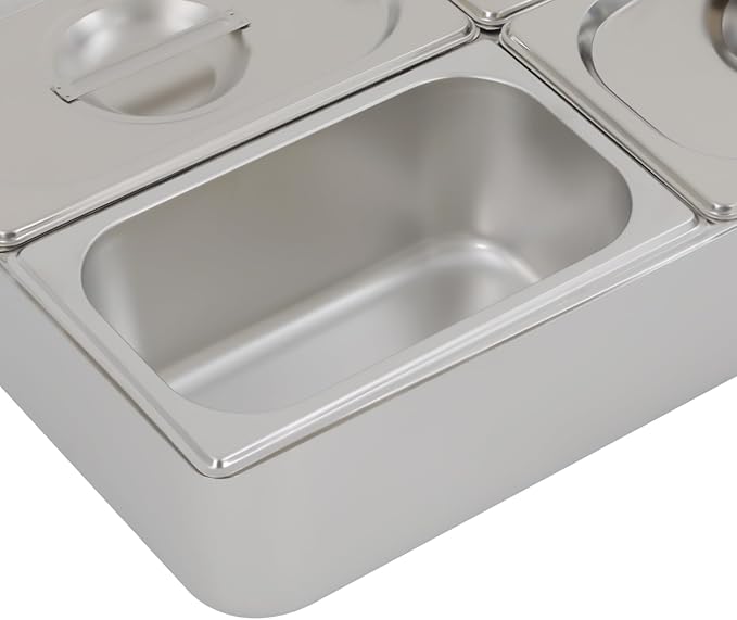 4 Pans Ice Food Serving Display Container, Stainless Steel Serving Tray Catering Supplies Buffet Display Condiment Dispenser Plate Case with Acrylic Replaceable Lids for Restaurant Hotel Kitchen