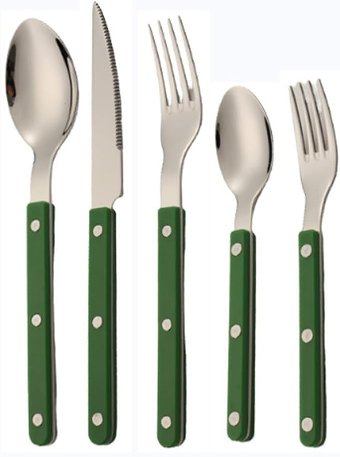 ABS Rivet Handle Marble Pattern Handle Kitchen Stainless Steel Silverware Tableware Flatware Cutlery Knives Forks Spoons Set,Butter Knife Dessert Spoon Fork (Green,5 pieces)