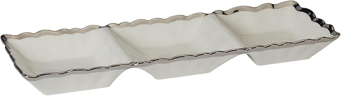 Regency Silver 3-Section Porcelain Tray with Scalloped Edges & Metallic Silver Rim, 15" Elegant Serving Tray for Appetizers, Dips & Relishes, Perfect for Entertaining & Everyday