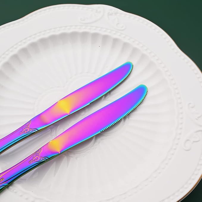 Rainbow Flatware Set For 4, 20 Pieces 18/0 Stainless Steel Silverware Set, Cutlery Utensils Set Include Knives/Forks/Spoons, Antique Baroque Style & Luxury Mirror Polished
