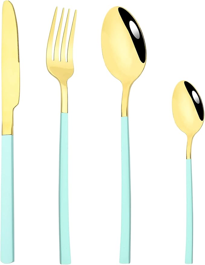 24-Piece Flatware Set, 18/0 Stainless Steel Knife Fork Spoon Teaspoon Silverware Set, Service for 6, Mint Green slender handle Gold