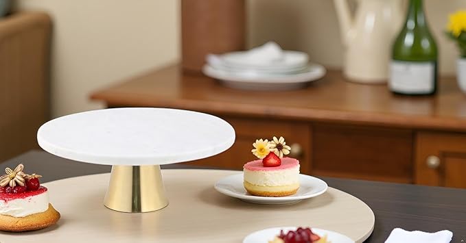 Cruiser’s Caché 12-Inch Marble Cake Stand | Natural White Marble with Gold Base | Round Dessert Stand, Cupcake Stand for Birthday Parties, Weddings, Baby Showers | White and Gold
