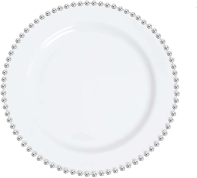 Efavormart 10 Pack | 8" White/Silver Beaded Rim Plastic Dinner Plates, Disposable Round Party Plates