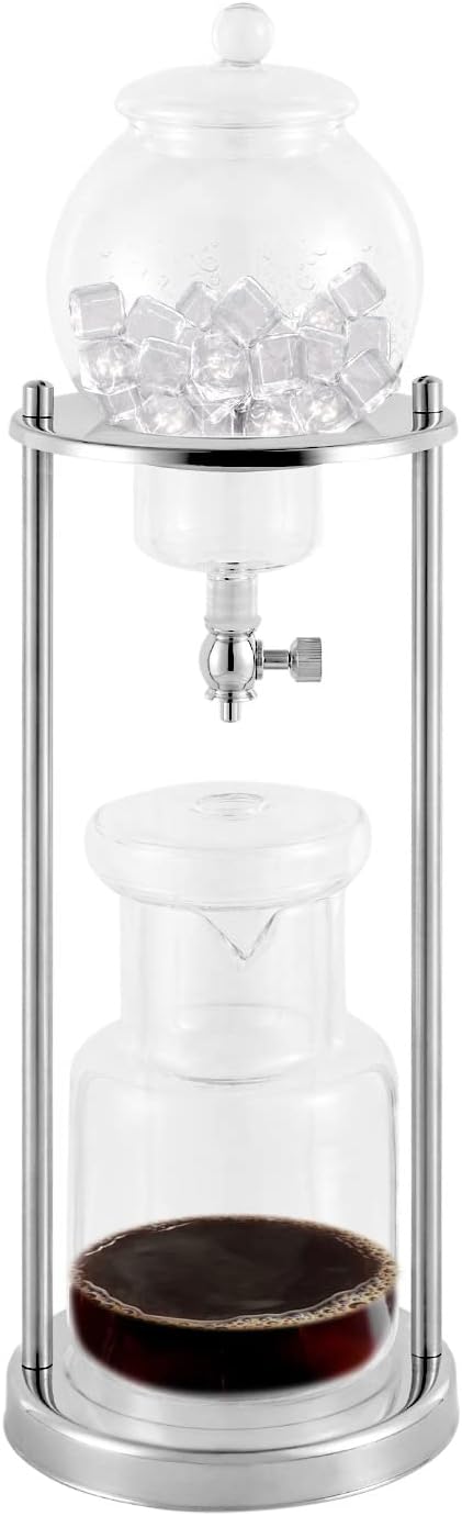 Metal Cold Brew Drip Tower, Ice Cold Drip Tower 600ml Capacity, Iced Coffee Cold Brew Drip Tower, Ice Coffee Maker for Home, Coffee Shops, Offices 6-8 Cups (Silver)