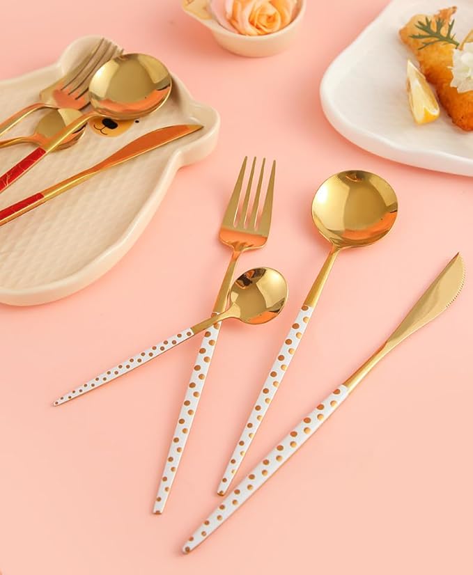Stainless Steel Flatware serving set,Home Kitchen Eating Tableware Set,Dishwasher Safe,For Home Kitchen Restaurant Hote 4/16/24/32 Pieces Stainless Steel Tableware Creative Polka Dot Hotel Home Main M