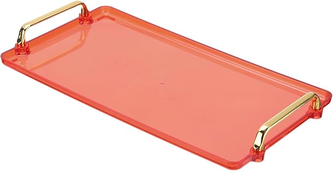 PATIKIL 16.1 x 8.7 Inches Plastic Serving Tray with Golden Handles, Reusable Tray Rectangular Party Platters for Dessert Coffee Tea Table, Living Room Kitchen Countertop, Red