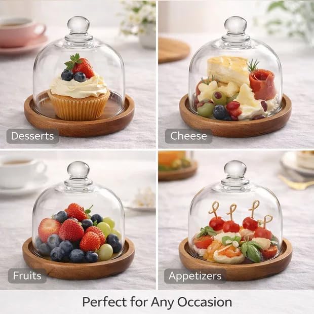 Mini Glass Dessert Display Stand with Dome Lid, Round Serving Tray with Clear Glass Cover, Small Cake and Cheese Display for Tabletop Use (brown)