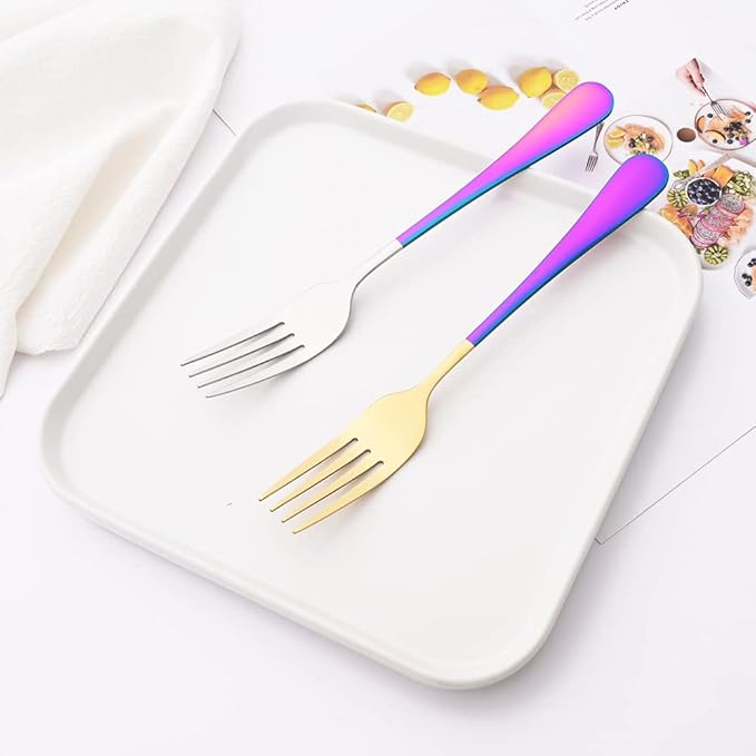 Dinner Forks Set of 6 - Uniturcky Stainless Steel Silverware Forks 8.3 Inches Table Forks Use for Home Kitchen Restaurant - Shiny Gold and Rainbow Metal Salad Forks - Dishwasher Safe