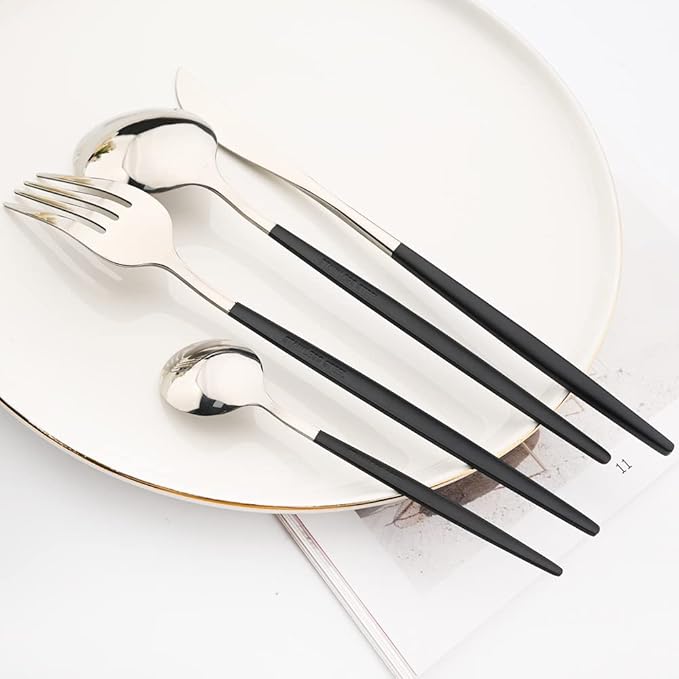 8-Piece Picnic Tableware Set, Mirror 18/0 Stainless Steel Couple Cutlery Set Include Knife, Fork, Spoon, Coffee Spoon, Metal Daily Basic & Classic Utensils For 2 People, Black Silver