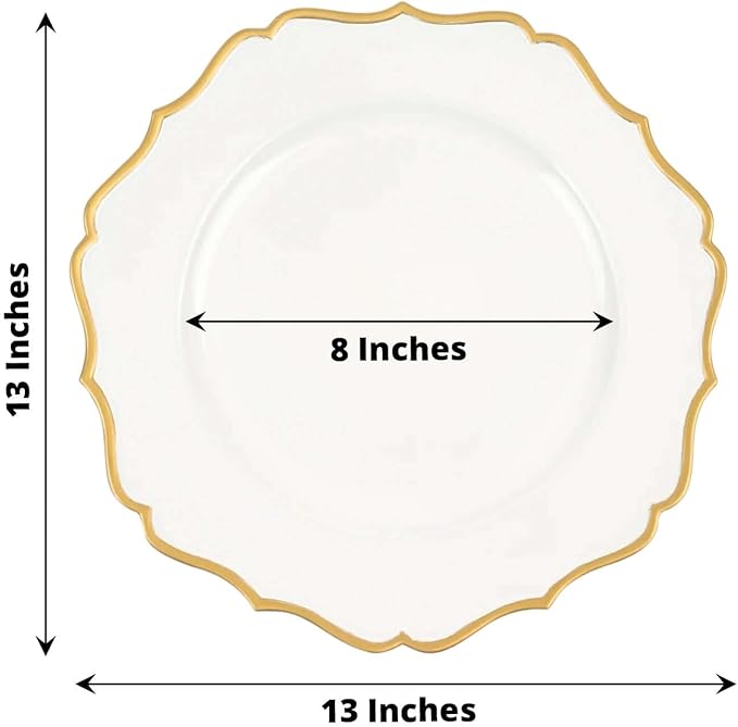 Efavormart 6 Pack | White & Gold 13" Round Scallop Rim Plastic Charger Plates, Tabletop Dinnerware Decor