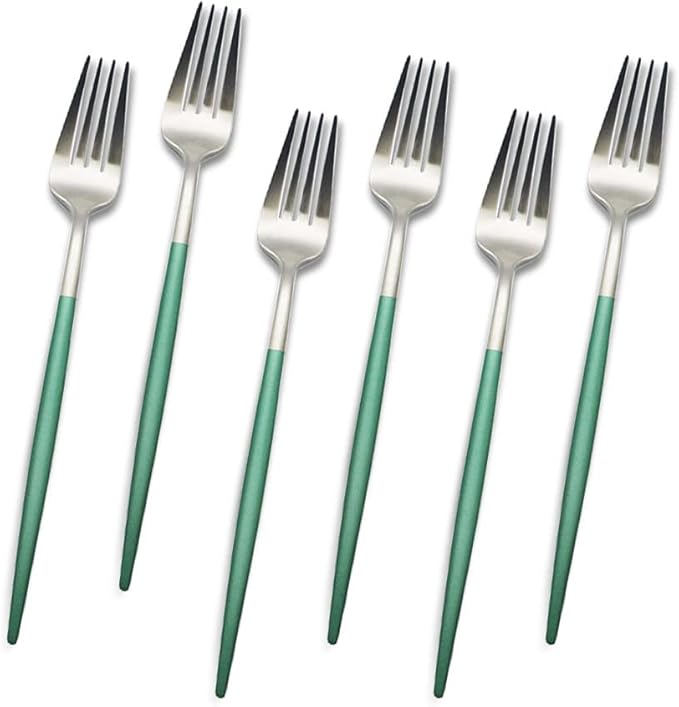 JASHII 6pcs Green&Silver Dinner Forks Set, Satin Finished Main Fork Set, 304 Stainless Steel Table Forks, Round Handle Modern Design, Dishwasher Safe - 7.6-inch