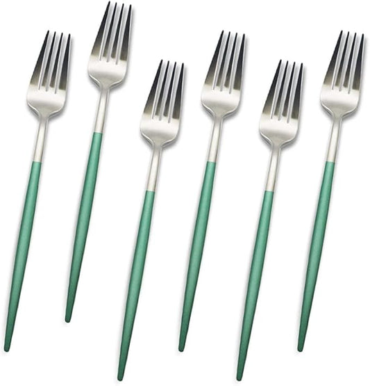 JASHII 6pcs Green&Silver Dinner Forks Set, Satin Finished Main Fork Set, 304 Stainless Steel Table Forks, Round Handle Modern Design, Dishwasher Safe - 7.6-inch