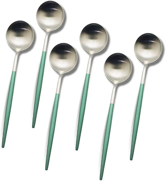 JASHII 6pcs Green&Silver Dinner Spoons Set, Matte 304 Stainless Steel Main Spoon Set, Modern Soup Spoon, Dishwasher Safe - 7.67-inch