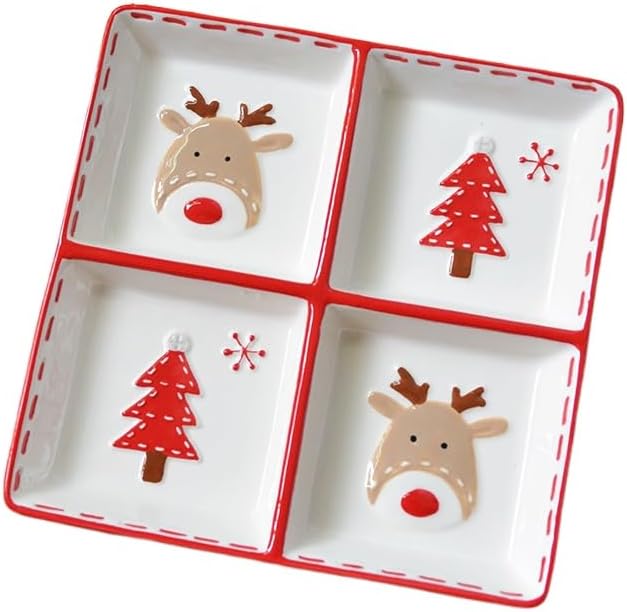 Christmas Ceramic Appetizer Plates for Tapas, Salad, Appetizer, Dishwasher Safe, Microwave Safe, Freezer Safe (Four grid plate 20 * 20 * 3cm)