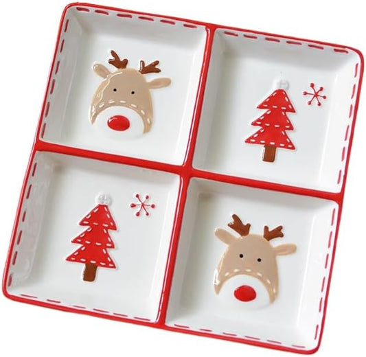 Christmas Ceramic Appetizer Plates for Tapas, Salad, Appetizer, Dishwasher Safe, Microwave Safe, Freezer Safe (Four grid plate 20 * 20 * 3cm)
