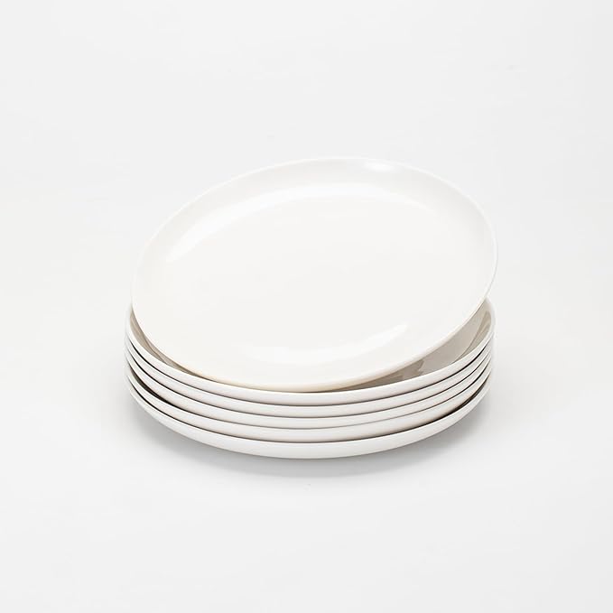 AntoKueh White Ceramic Plates Set of 6, 8.2 Inch Round Porcelain Salad Plate, 6-piece dishes with shallow Edge for Appetizer, Steak, Dishwasher/Microwave safe