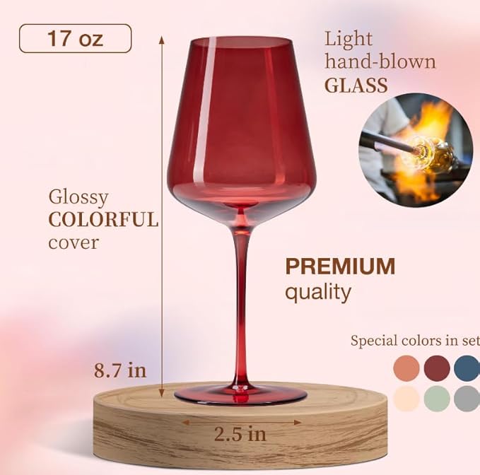 Colored Wine Glasses Set of 6-17oz, Hand Blown Crystal Colorful Wine Glasses with Long Stem,Unique Gift for Wedding, Birthday,Christmas