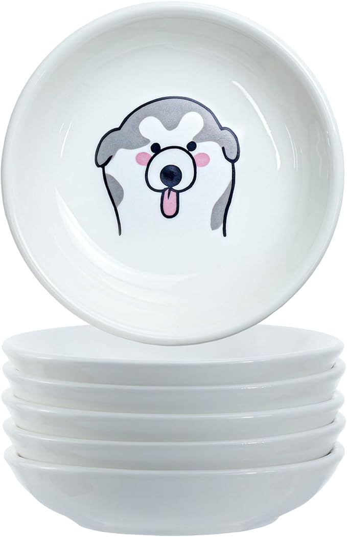 Funny Dogs Head and Butt Pattern Ceramic Sauce Dishes, Seasoning Dishes, Sushi Soy Dipping Bowls, Appetizer Plates, Dessert Plates, Little Cat Bird Feeding Bowls, Set of 6-Dogs-3.5 Inch