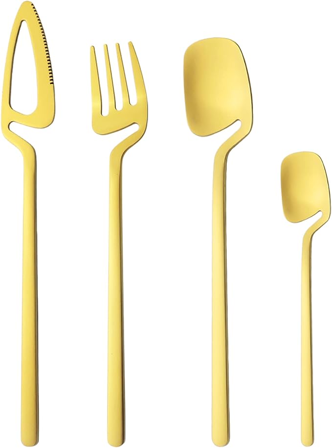 24-Pieces Hangable & Cute 18/10 Stainless Steel Flatware Set, Matte Cutlery Set Kitchen Dinnerware Include Knife/Fork/Spoon/Teaspoon Service for 6, Gold