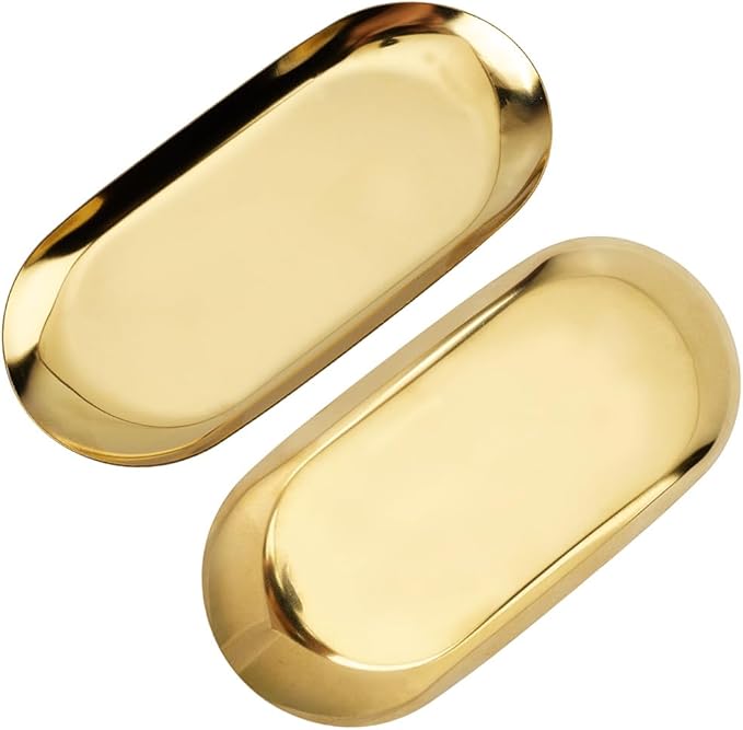 CRASPIRE 7 x 3.47 Inch Small Gold Oval Vanity Tray Stainless Steel Trinket Trays Metal Jewelry Dish Food Storage Plate Cosmetics Organizer for Serving Platter Jewelry Towel Bathroom Clutter Decoration