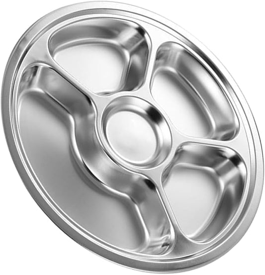 Garneck 1pc Divided Stainless Steel Food Plate Compartment Serving Tray for Breakfast Lunch and Dinner Stackable Moisture-retaining Design