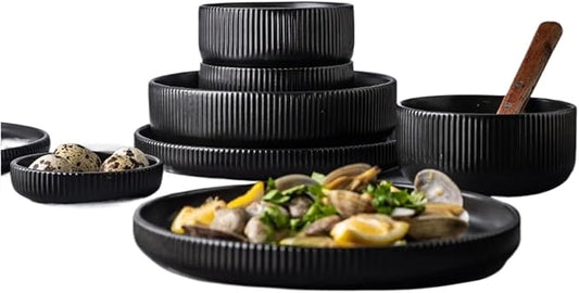 Matte Glazed Ceramic Dinnerware Set Elegant Tableware for Kitchen and Banquet Includes Salad Soup Bowls and Flat Plates (Black 4 person set)