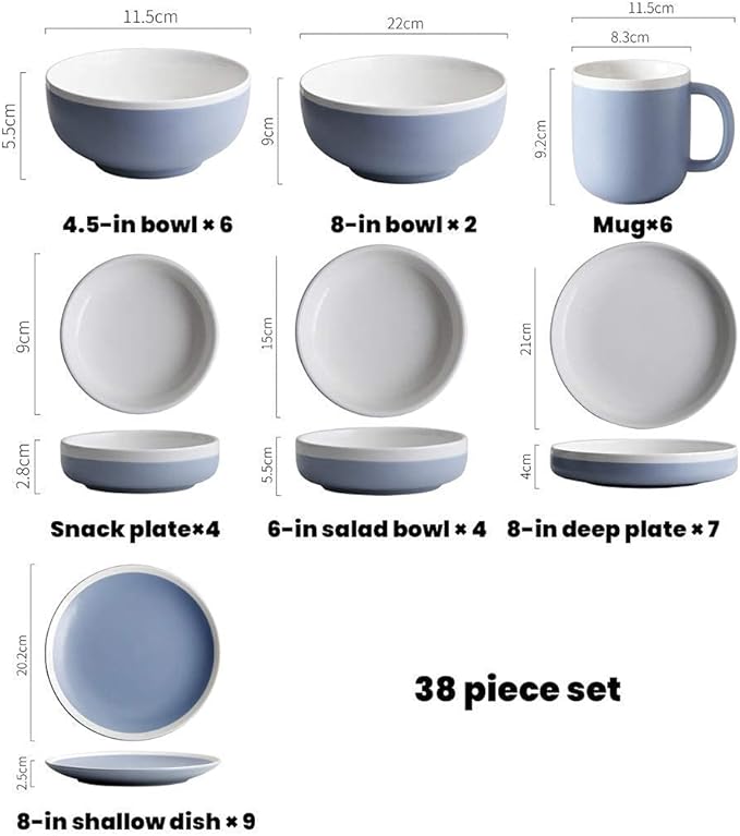 Elegant China Dinnerware Set,Dinner Plate Ceramics Dinner Sets, 38 Pieces Matte Blue and White Border Porcelain Combination Set Bowl Dish Mug | Nordic Style Hotel Dinnerw