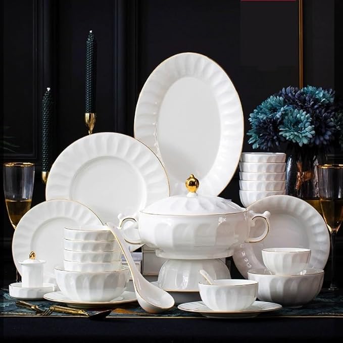 60pcs Bone Dinnerware Sets White Moonlight with Gold Trim Ceramic Plates Bowls and Serving Set for Home Use and Dining