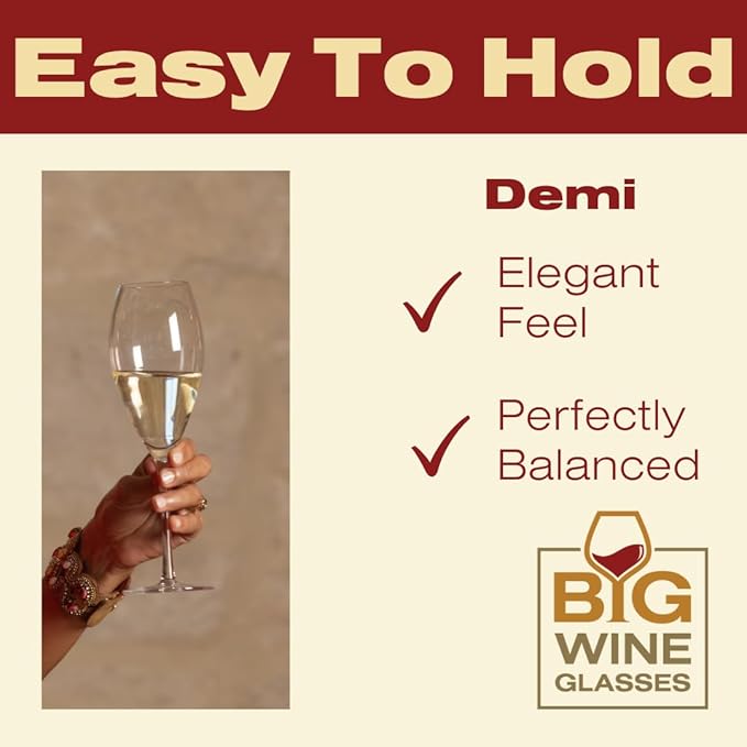 Demi Giant Wine Glass - Premium Crystal Wine Glasses Set of 2 - Fits Entire 750 ml Bottle