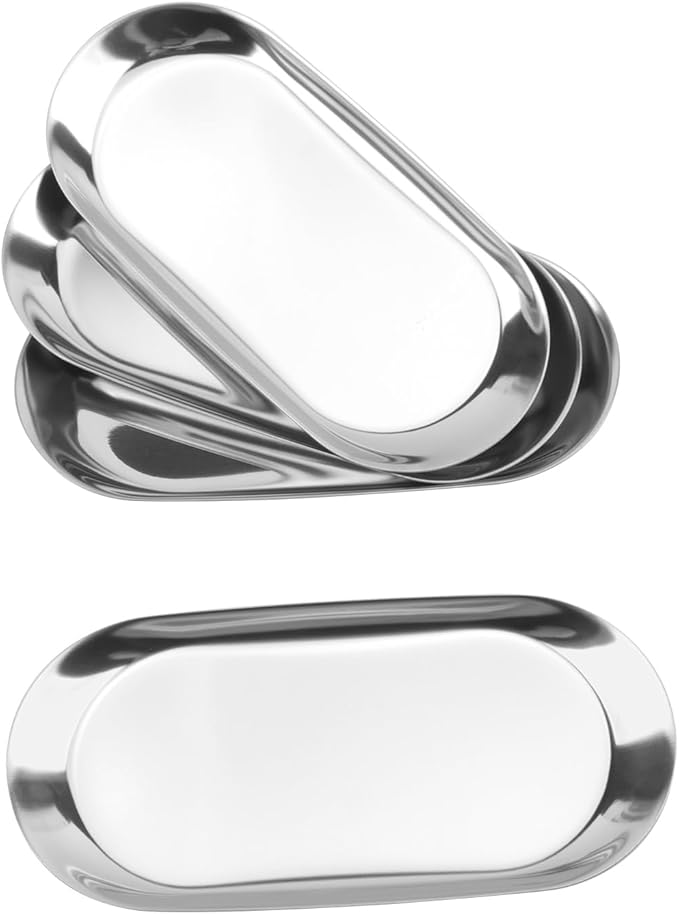 12 Pack 7 Inch Oval Stainless Steel Decorative Tray, Stainless Steel Tea Fruit Tray, 7 inch Silver Oval Trays for Bathroom Vanity, Jewelry, Perfume & Key Organizer (Silver)