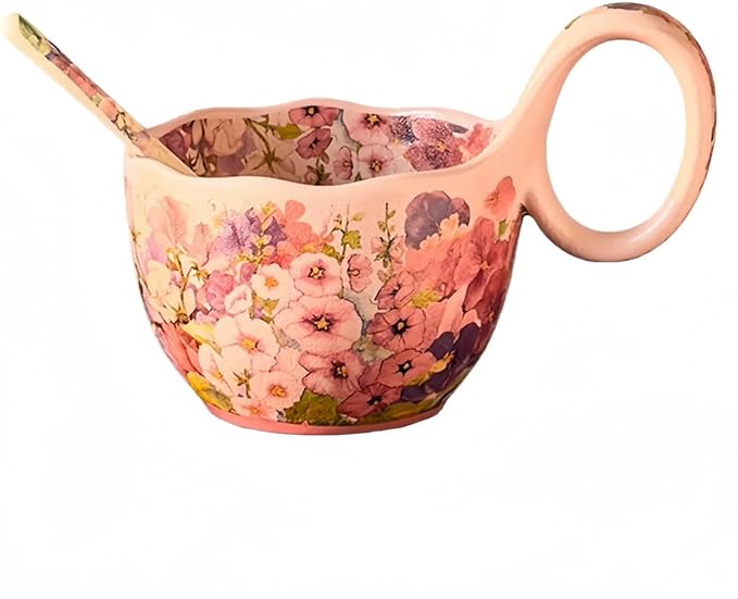 16.91oz/500ml Handpainted Soup Bowl with Handle,Ceramic Cereal Bowl Microwave & Dishwasher Safe,Loop Handle Bowl Great for Soup,Yogurt,Snack,Chip,Stew,Ice Cream,Coffee (Hollyhock-Pink)