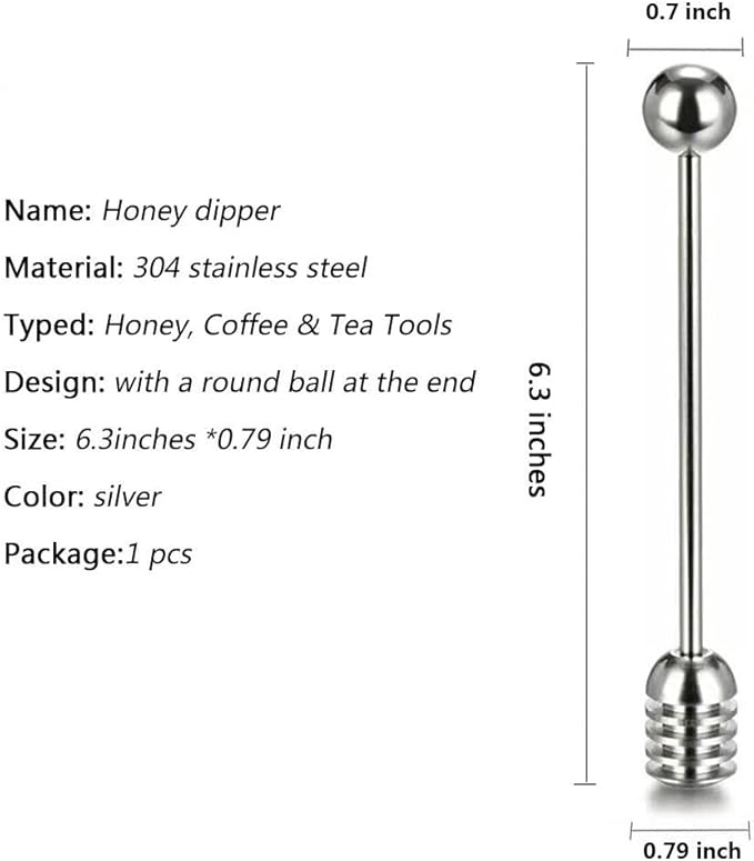 Honey Dipper. Premium 304 Stainless Steel Honey Dipper Set, 6.3 Inch Kitchen Stirrer, 1 Pack Deep-Groove Honeycomb Sticks for Syrup, Molasses, and Sauces, Dishwasher Safe. 1 PCS in One Box.