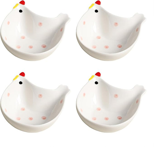 WAIT FLY Cute Chicken/Rabbit/Cat Shaped Ceramic Side Dishes, Stackable Seasoning Dishes, Soy Sauce Dipping Bowls, Appetizer Plates, Dessert Bowls-Chicken-4 PCS