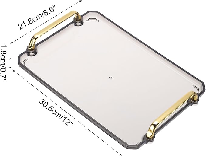PATIKIL 12 x 8.6 Inches Plastic Serving Tray with Golden Handles, Reusable Tray Rectangular Party Platters for Dessert Coffee Tea Table, Living Room Kitchen Countertop, Gray