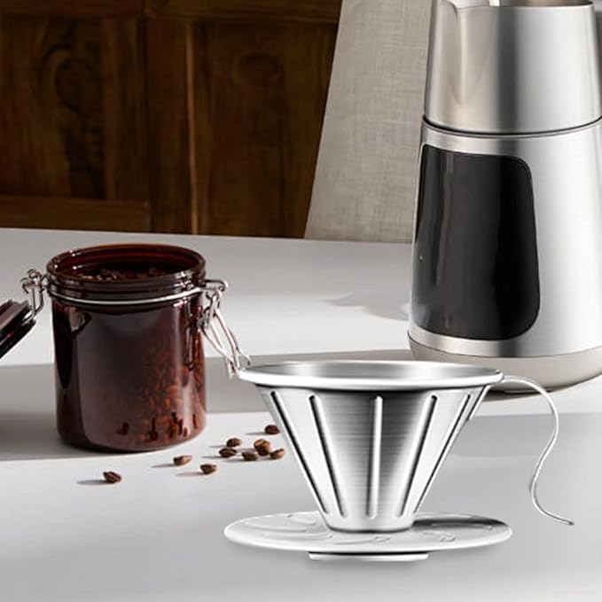 Stainless Steel Coffee Dripper with Holder, 304 Grade Filter Cup for Pour Over Coffee, Versatile Strainer for Home and Camping(S)