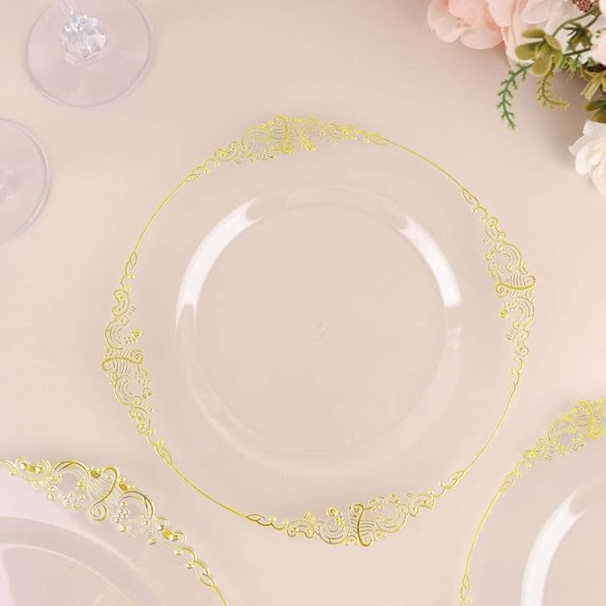 10" Dinner Plates -Set of 20 - Plastic Clear Gold Round Baroque Disposable Plate Leaf Embossed Rim, Ideal for Decoration Party Wedding Bulk Events