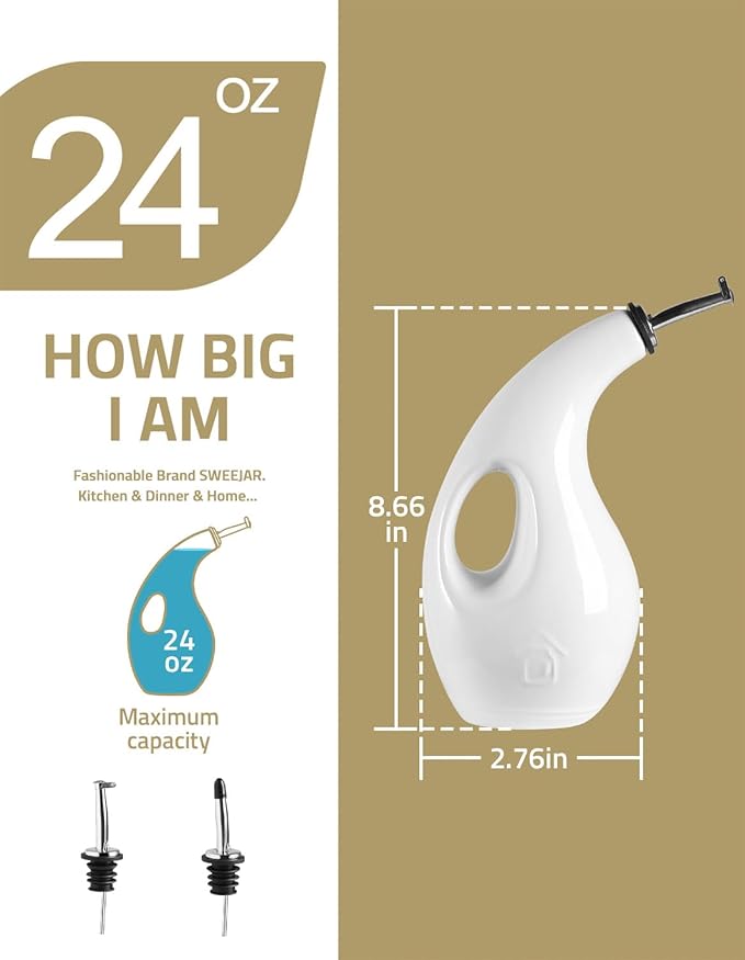 Sweejar Ceramic Olive Oil Dispenser Bottle, 24 Oz Opaque Cruet Protects EVOO Oil to Reduce Oxidation, Suitable for Storage Vinegar, Coffee Syrups, Liquids (White)
