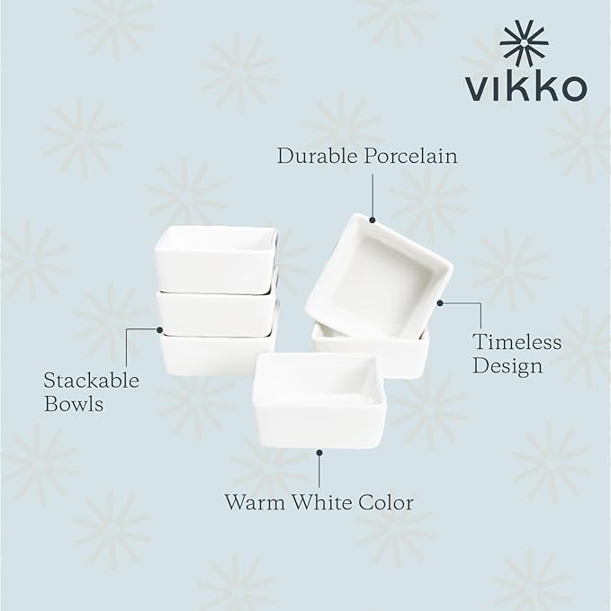 Vikko Mini White Dish, Set of 6 Porcelain Dipping Sauce Cups, 2 Ounce Square Relish Dish, 2.5 Inch Stackable Square Spice Bowls, Mini Bowl for Soy Sauce or Relish