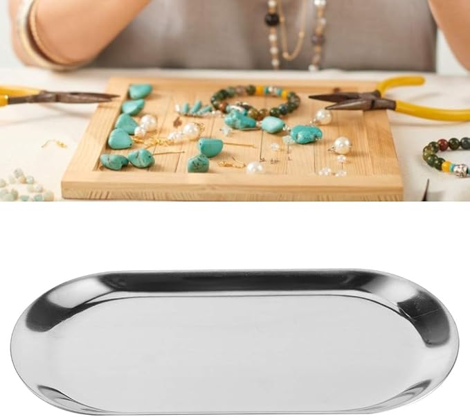 7in Stainless Steel Decorative Tray, Set of 5 Makeup Jewelry Dish Cosmetics Organizer MakeupBathroom Clutter Serving Platter Storage Tray, Oval (Silver)