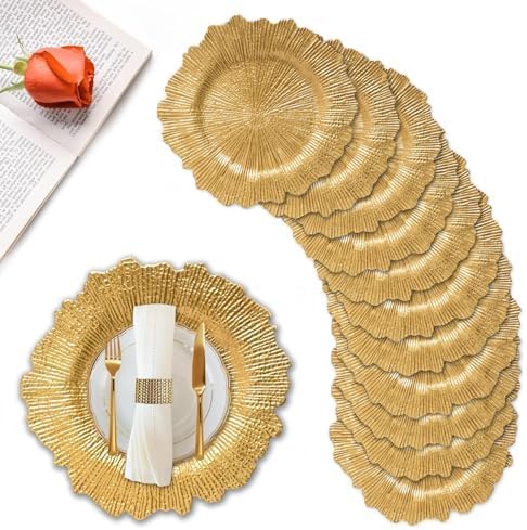 PROY 13 Inch Round Gold Charger Plates, Gold Chargers for Dinner Plates, Plastic Reef Charger Set of 12 for Wedding, Thanksgiving, Christmas