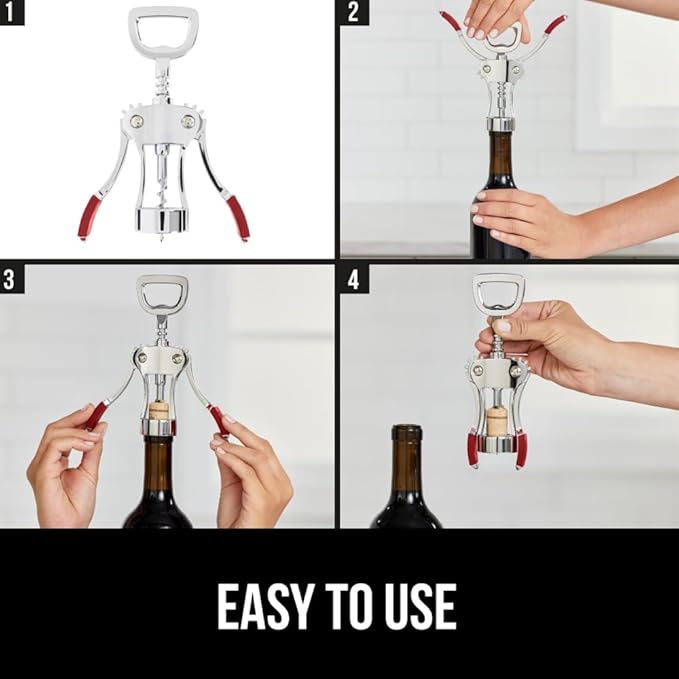 GORILLA GRIP BPA-Free Premium Wine Opener, Heavy Duty Zinc Alloy Wing Corkscrew, Multifunctional Bottle Openers Remove Corks, Caps, Easy to Use Sharp Cork Screw, Dishwasher Safe, Bar Essential, Red