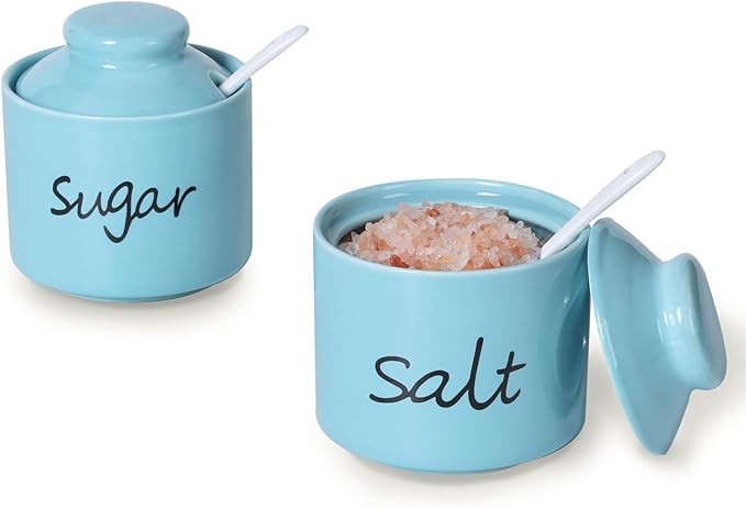 ONTUBE 8oz Sugar and Salt Bowls with Lid and Spoon, Ceramics Condiment Pots,Seasoning Jar Spice Container for Kitchen,Dishwasher Safe (Turquoise)