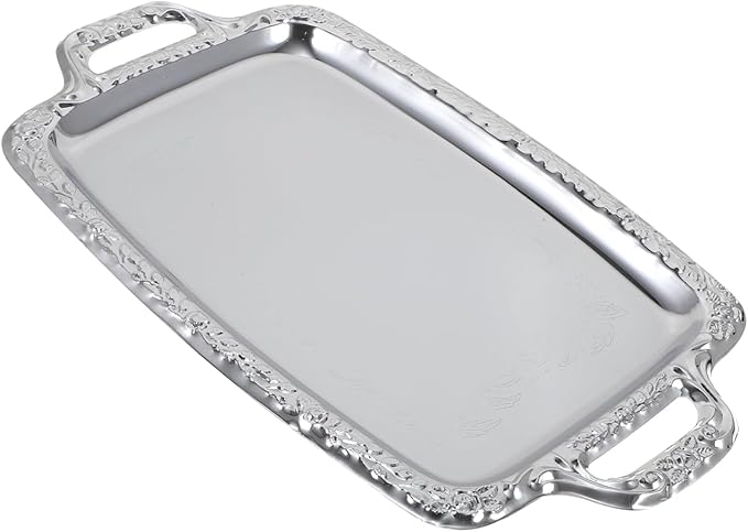 Zerodeko Silver Serving Tray: Rectangular Vintage Metal Platter - Stainless Steel Decorative Tray & Antique Whiskey Plate for Kitchen, Coffee Table & Home Decor